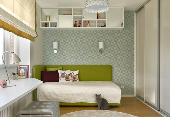 green ottoman in the interior of a child's room