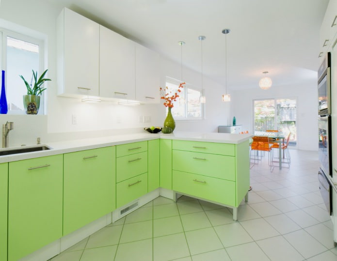 corner green and white kitchen set