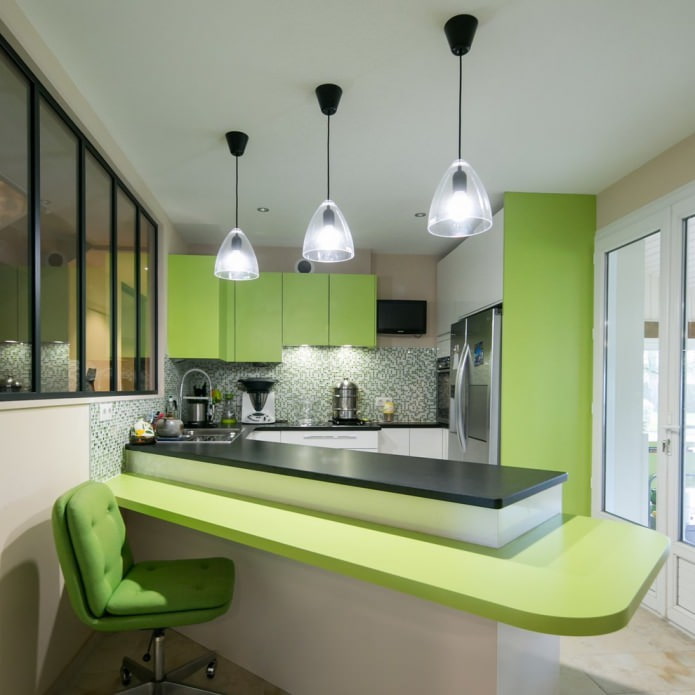 black countertop, green facade