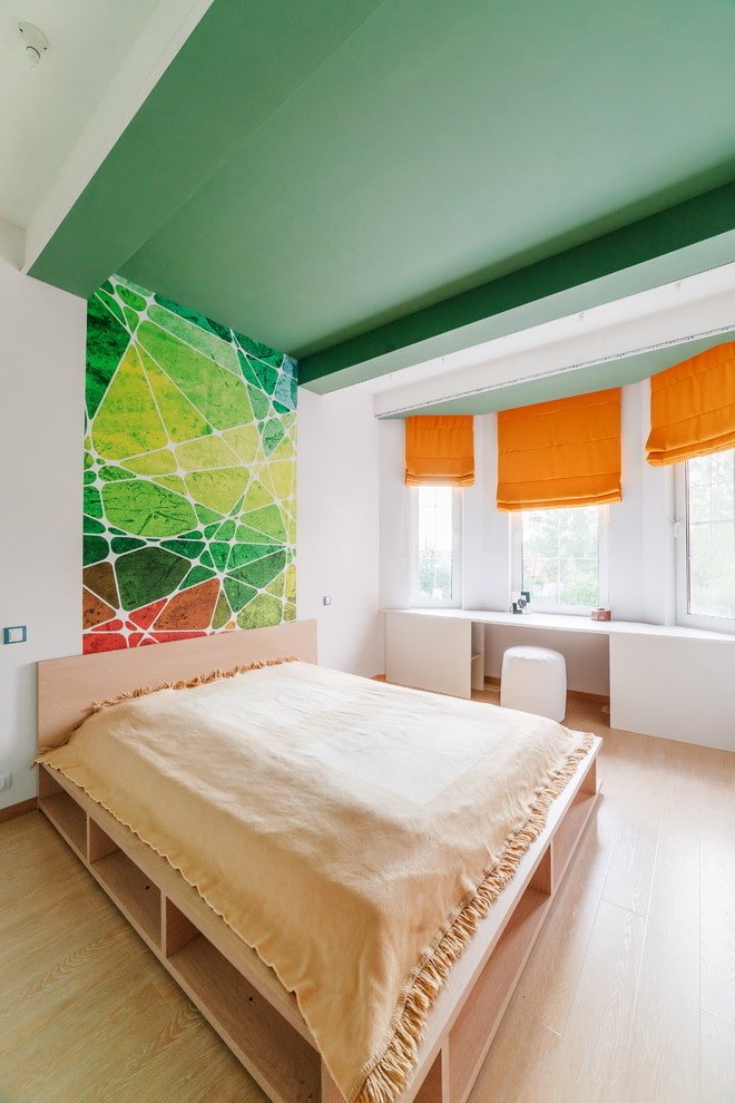 green ceiling structure in the bedroom