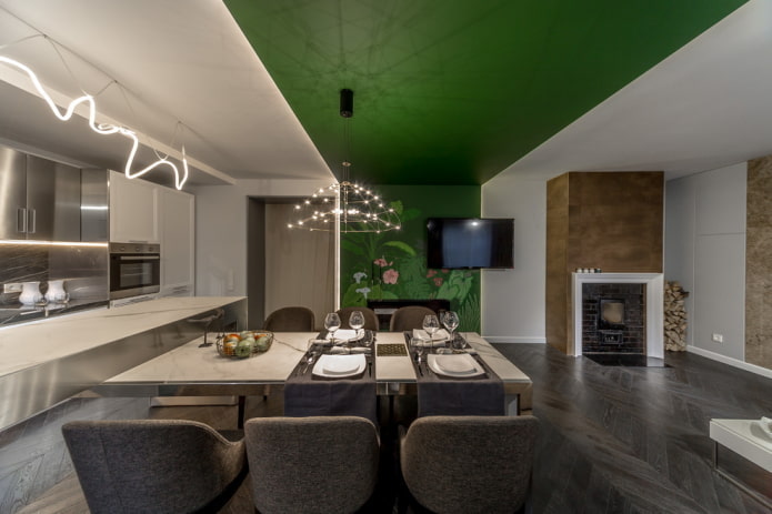 white and green ceiling structure in the kitchen