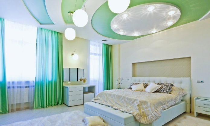 white and green ceiling design in the bedroom