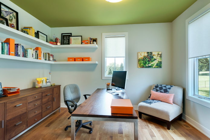 green ceiling covering with gray walls