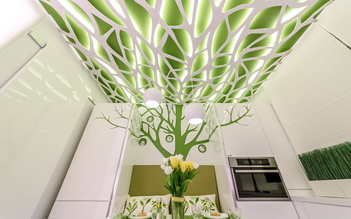 perforated white and green ceiling structure