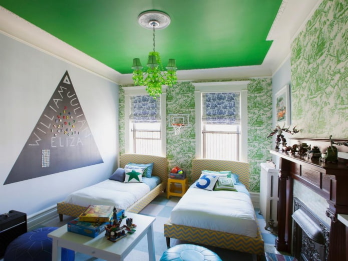 green ceiling covering with a chandelier