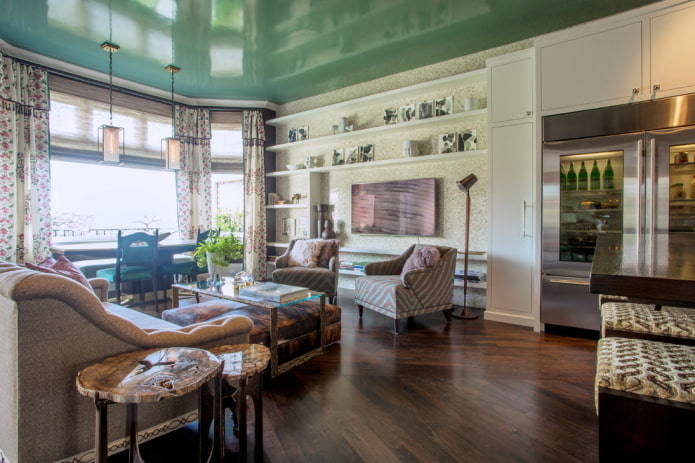 green stretch ceiling in the living room