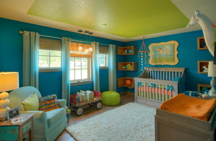 green ceiling covering with blue curtains