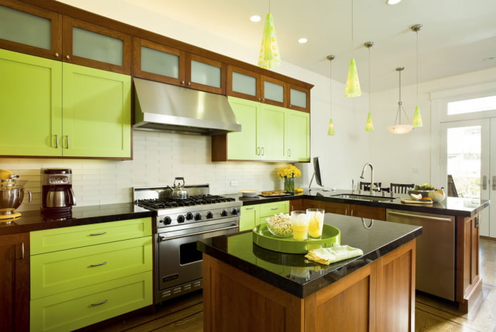 brown kitchen with green facades