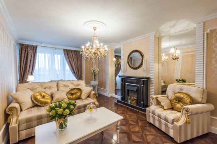 Mirror tiles in the living room interior