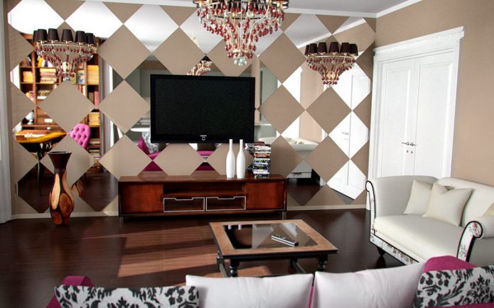 Mirror tiles in the living room interior