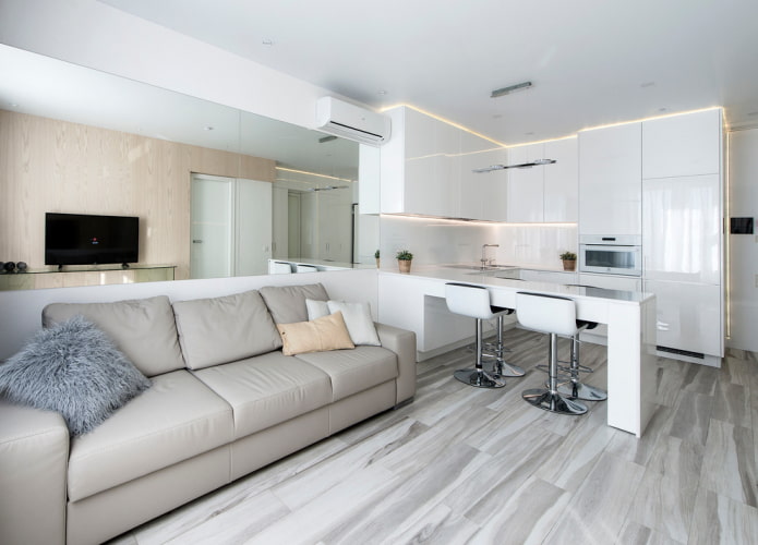 mirror above the sofa in the kitchen interior