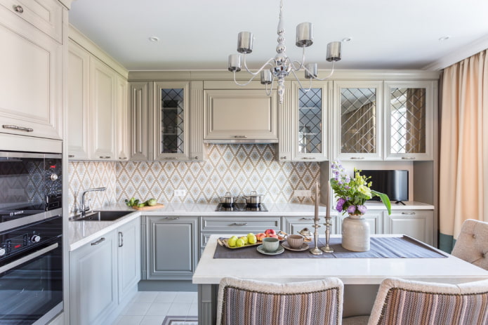 set with mirror inserts in the kitchen interior