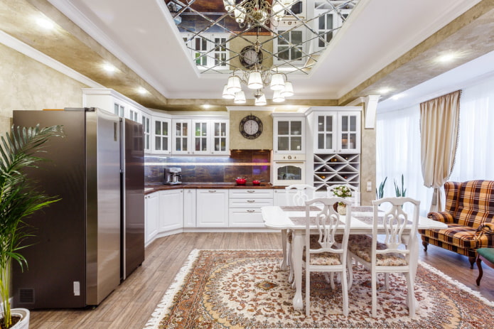 mirror on the ceiling in the kitchen interior