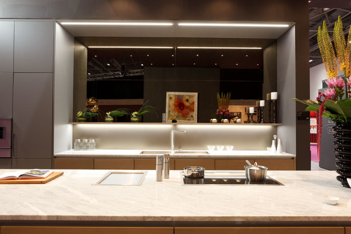 mirror with backlight in the kitchen interior