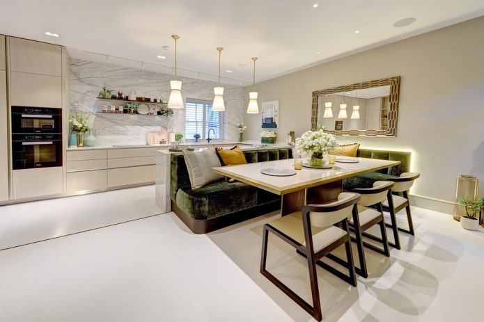 mirror above the dining table in the kitchen interior