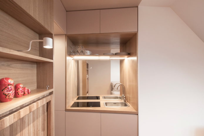 mirror built into furniture in the kitchen interior