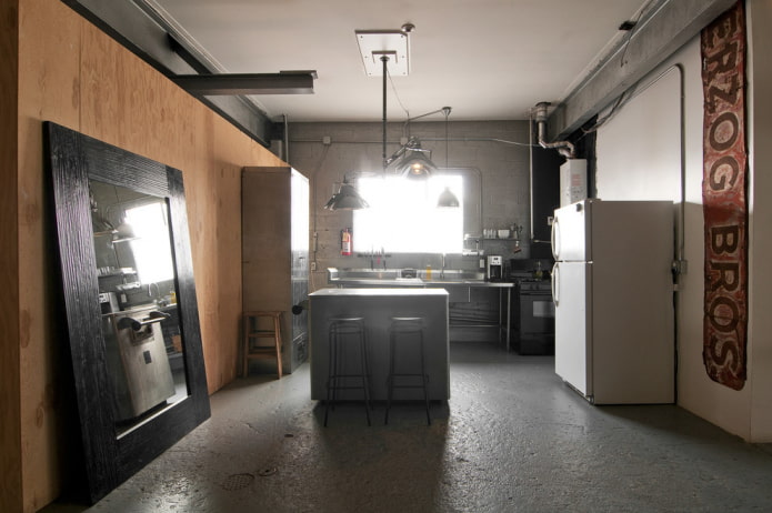 mirror in the kitchen interior in a loft style