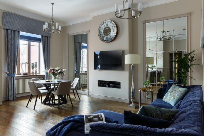 beveled mirrors in the living room interior