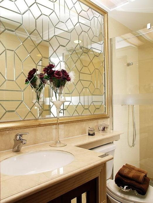 beveled mirror with arbitrary figures in the interior
