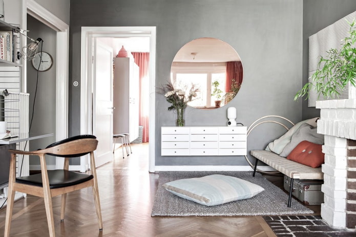 mirror in the living room in Scandinavian style