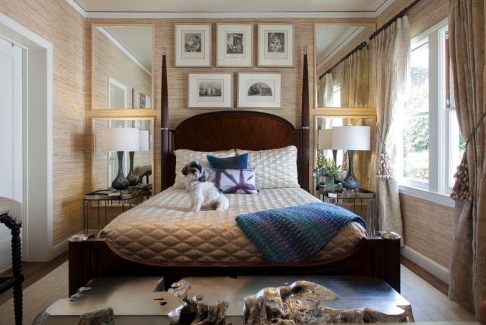 mirror on the sides of the bed in the bedroom interior