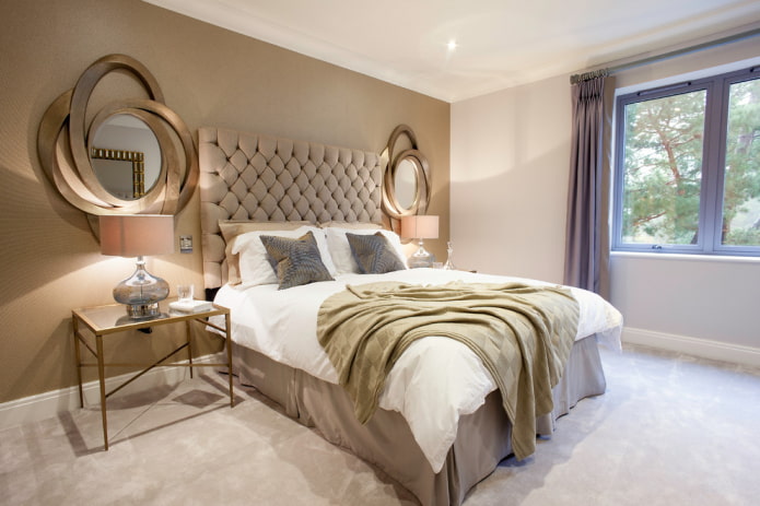 mirror on the sides of the bed in the bedroom interior