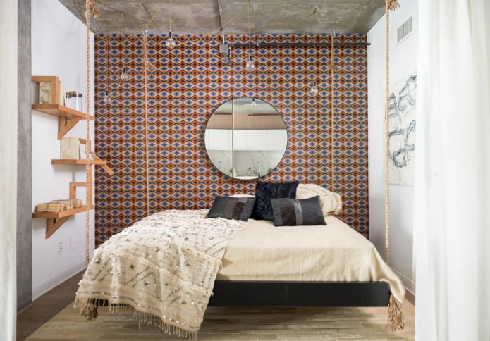 mirror in the interior of the bedroom in the loft style