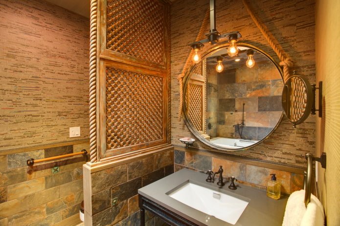 lamp above mirror in bathroom interior