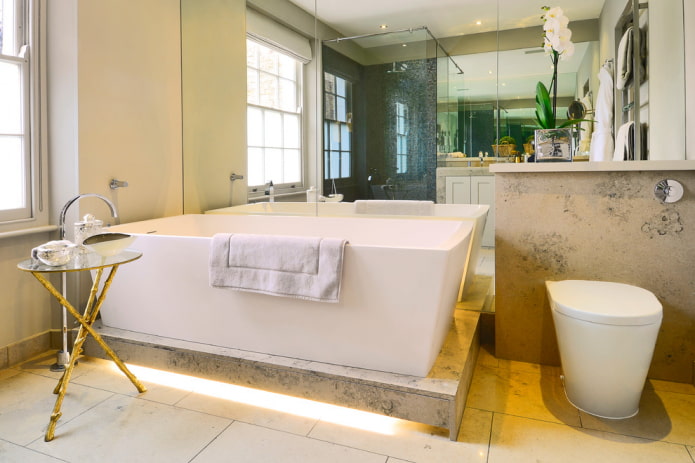wall-to-wall mirror in the bathroom interior
