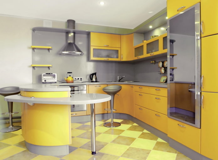kitchen interior in yellow and gray tones