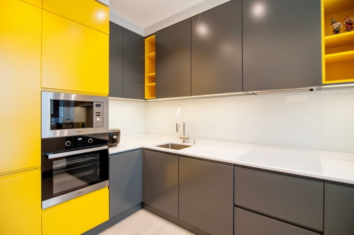 kitchen interior in yellow and gray tones