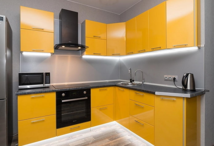 kitchen interior in yellow and gray tones