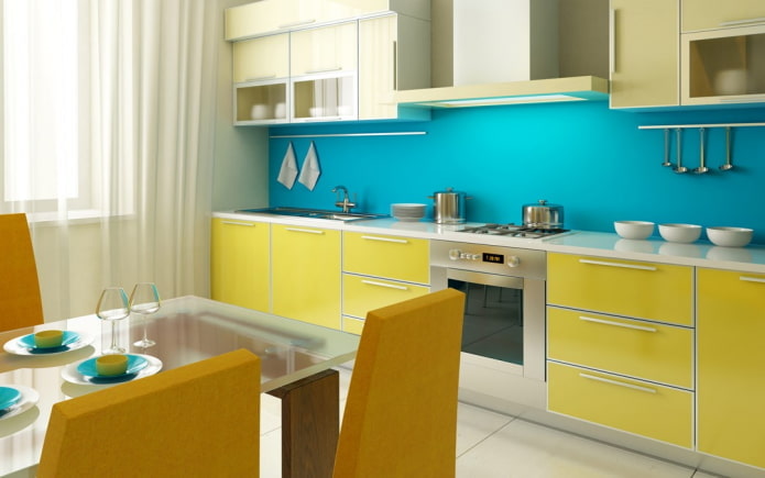 kitchen interior in yellow and blue tones