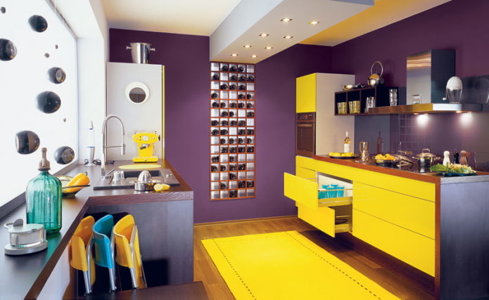 kitchen interior in yellow and purple tones
