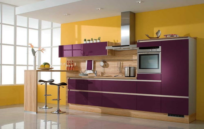 kitchen interior in yellow and purple tones