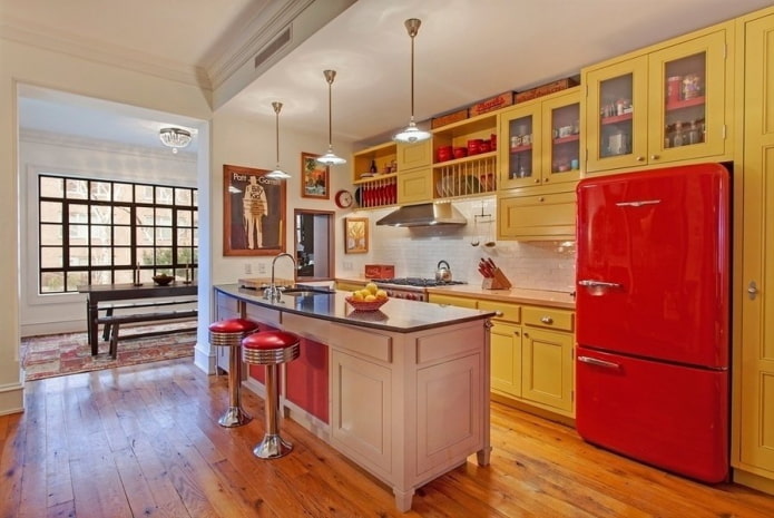 kitchen interior in yellow and red tones