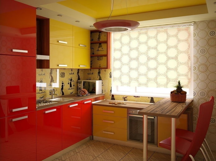 kitchen interior in yellow and red tones