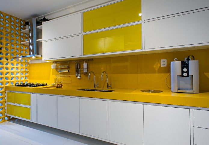 kitchen interior in yellow and white tones