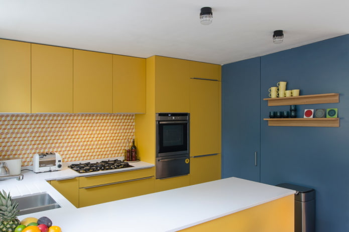 kitchen interior in yellow and blue tones