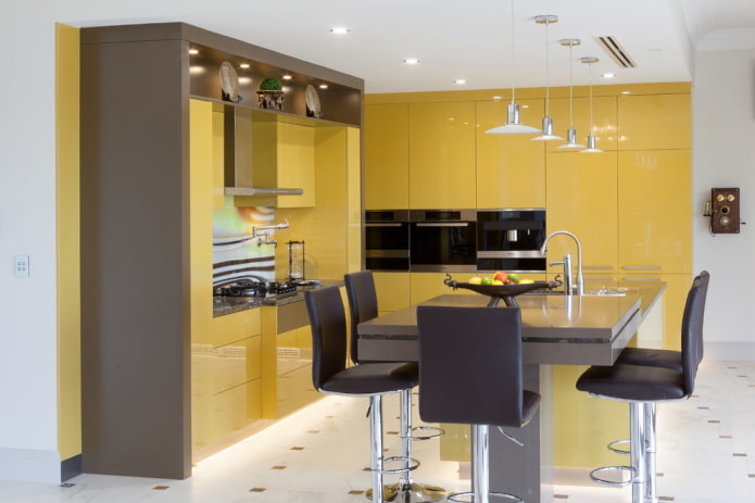 furniture and appliances in the kitchen interior in yellow tones