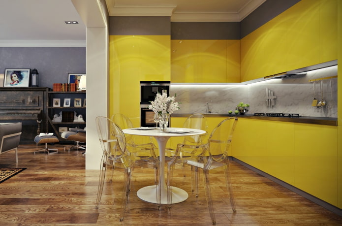furniture and appliances in the kitchen interior in yellow tones