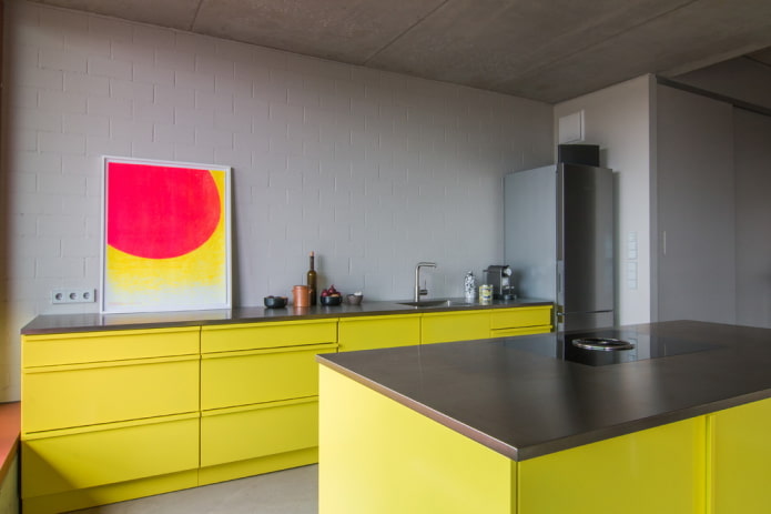kitchen interior in yellow and gray tones