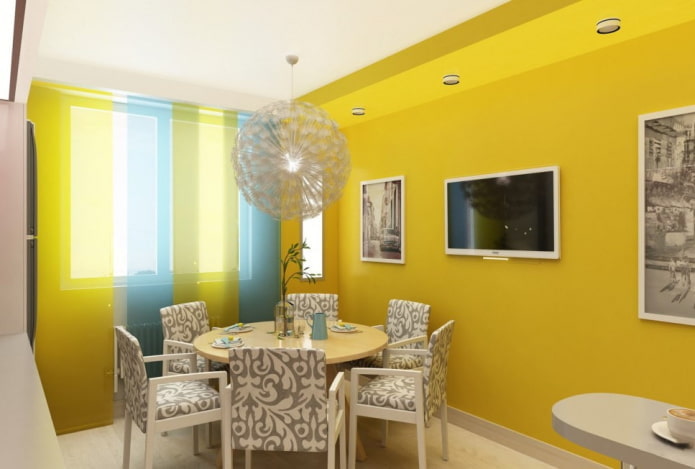 curtains in the kitchen interior in yellow tones