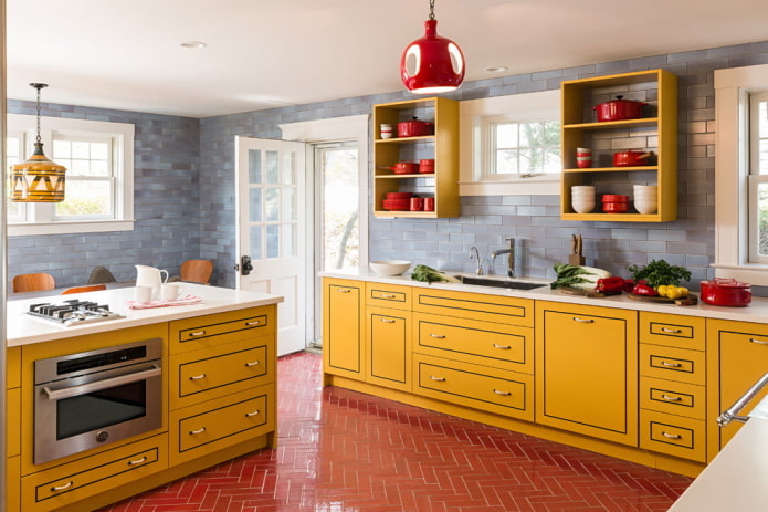 kitchen interior in yellow and red tones