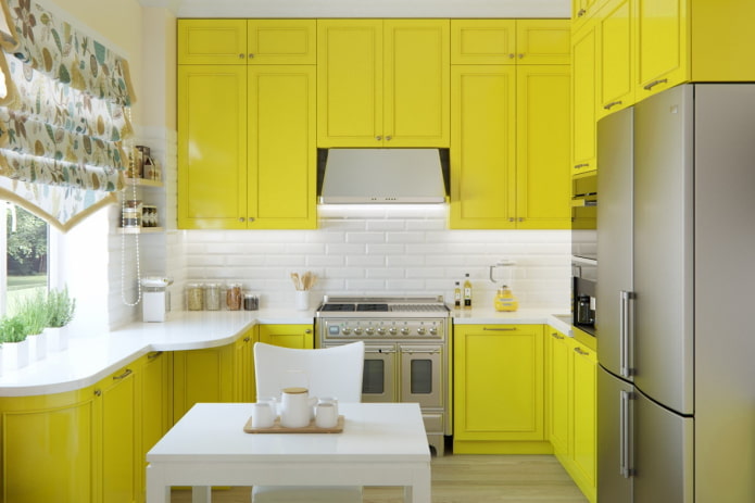curtains in the kitchen interior in yellow tones