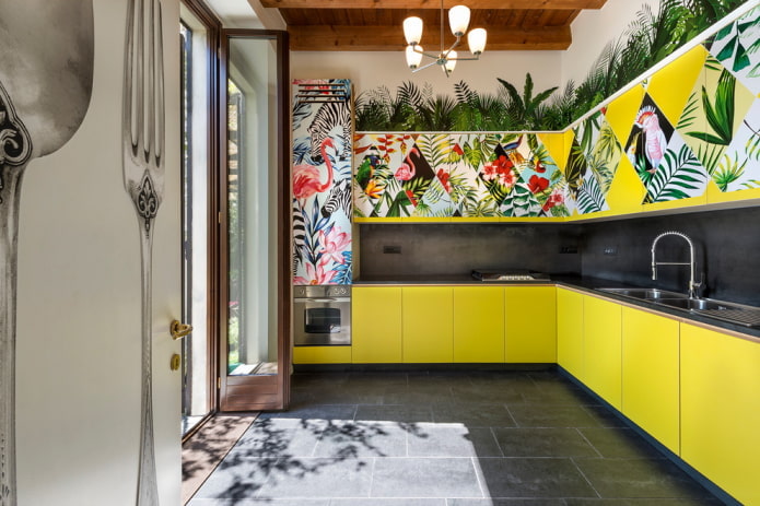 furniture and appliances in the kitchen interior in yellow tones