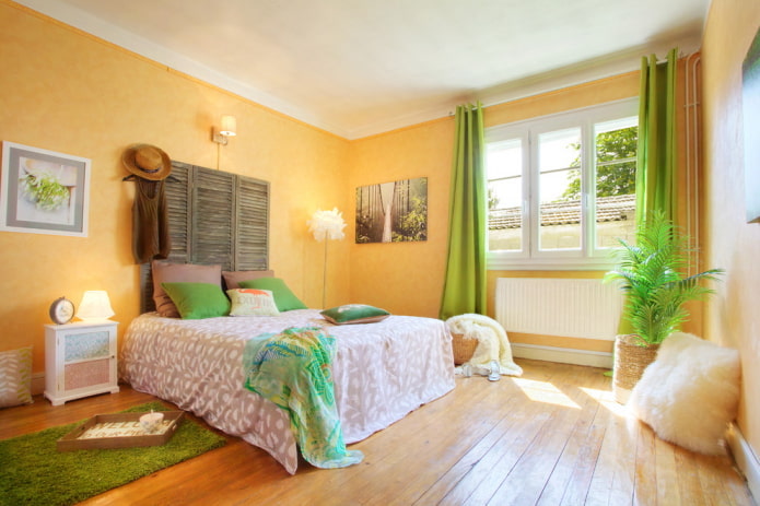 textile decoration of the bedroom in yellow tones