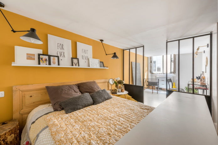 decor and lighting in the bedroom interior in yellow tones