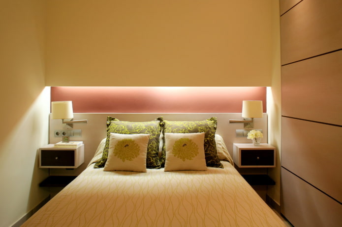 decor and lighting in the bedroom interior in yellow tones
