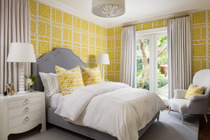 furniture in the interior of a bedroom in yellow tones